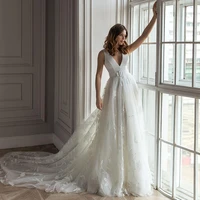 white deep v neck sleeveless wedding dresses floor length a line with sashes applique tulle open back sweep train bridal gowns