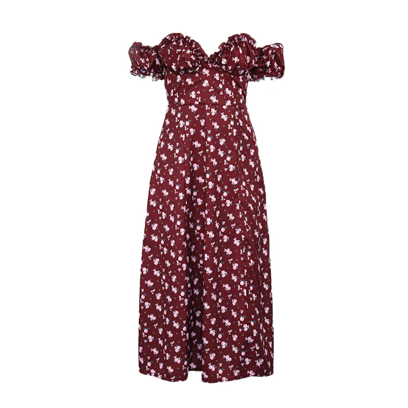 

Vintage Print Summer Dress Shoulder Fashion Backless High Split Long Dress Woman Clothing 2020 Holiday Party Sexy Dresses Midi