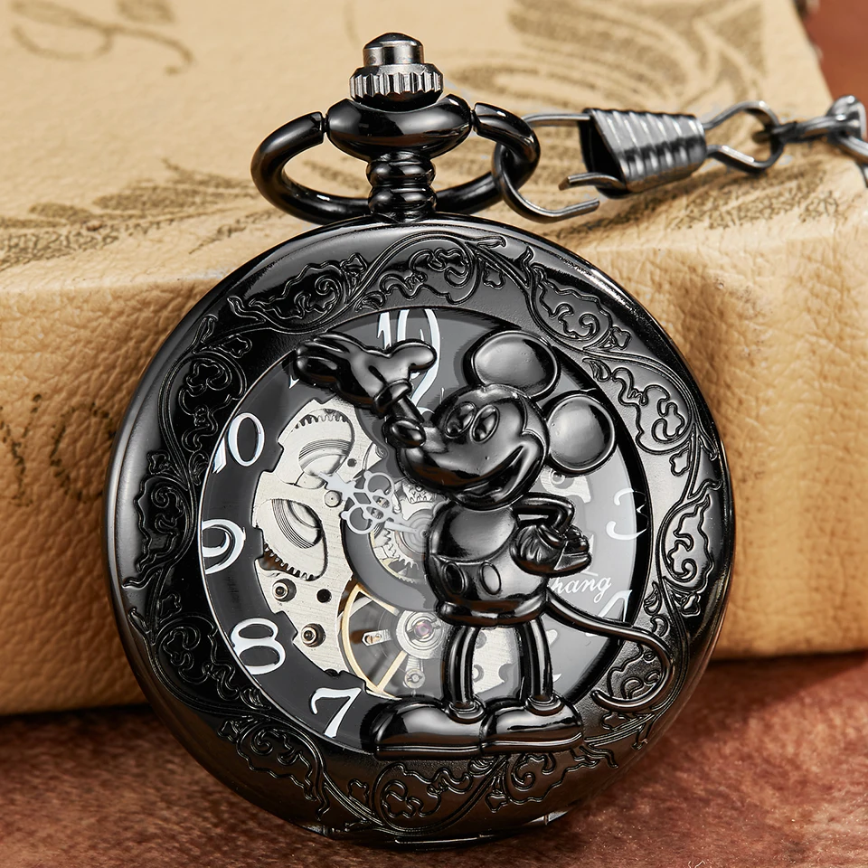 Механические карманные часы с черной мышью полые лазерной гравировкой животных