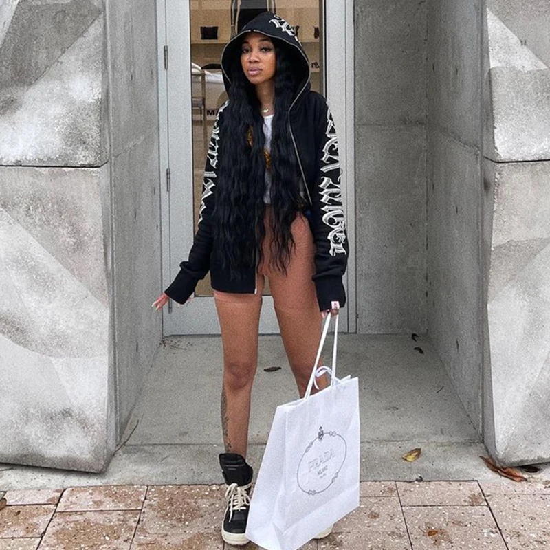Streetwear Letter Printed Women Hoodie Jackets Zip Up Long Sleeve Gothic Punk Y2k  Winter Ladies Clothes Vintage Graphic 90s Top