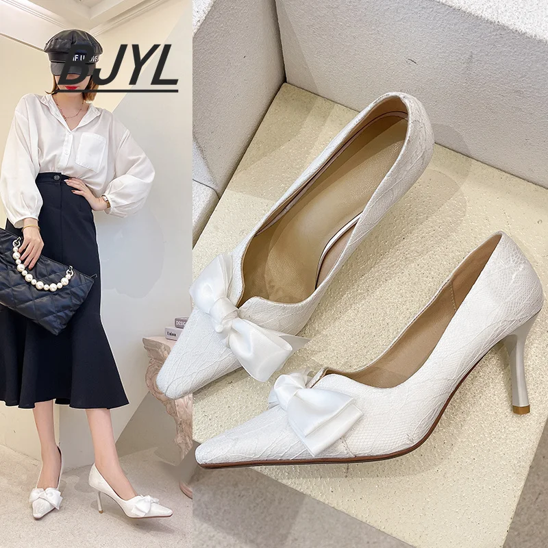 

2021 summer trend fashion new ladies pointed bow lace wedding high heels shallow mouth white single shoes women