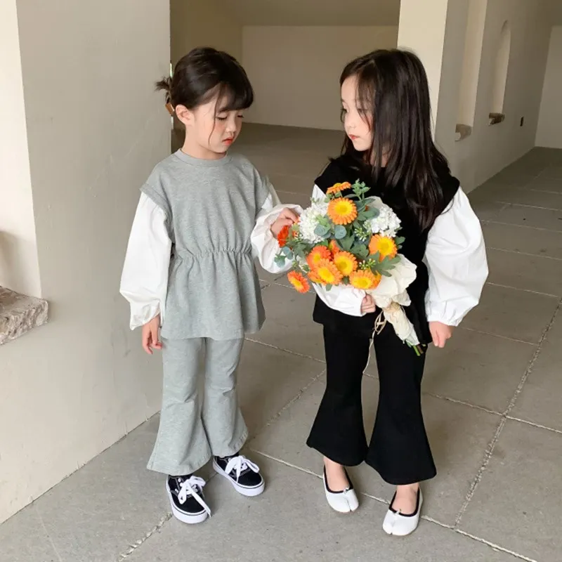 

Осень 2021, Модный комплект одежды для маленьких девочек, топы + расклешенные брюки