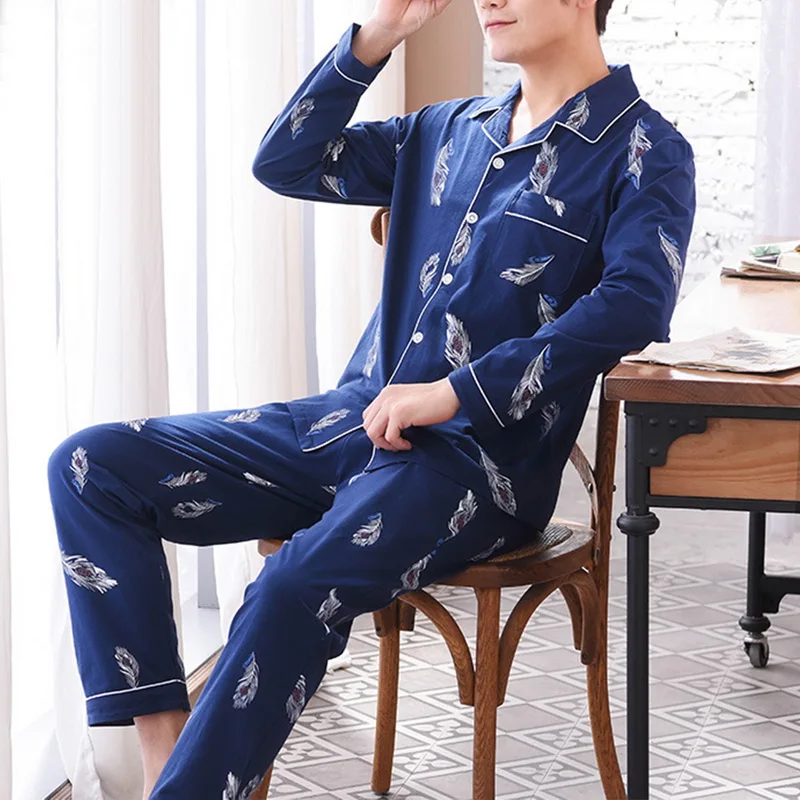 Men's Pajama Sets Simple Sleepwear Long Sleeve Cotton Top Pant Leisure Outwear Soft Autumn Winter Plus Size Loungewear