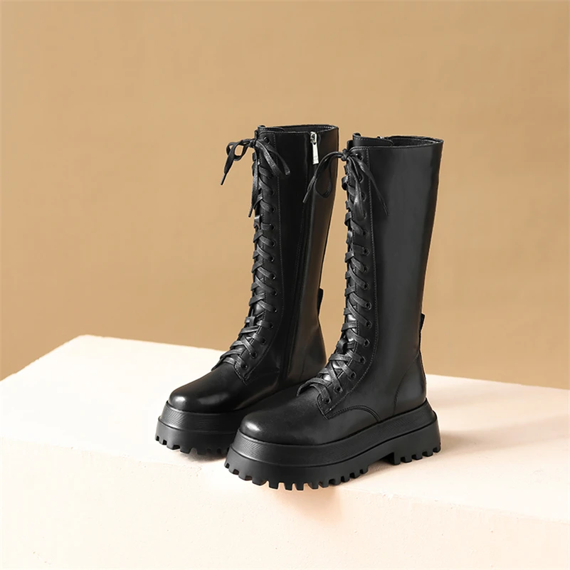 

Meotina Genuine Leather Riding Boots Women Shoes Platform Flat Knee High Boots Round Toe Zipper Ladies Long Boots Autumn Black