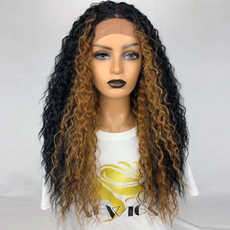 100% Real Human Hair Lace Front Wig long Small curly black mixed golden long Deep Wave curly wig 24 Inch