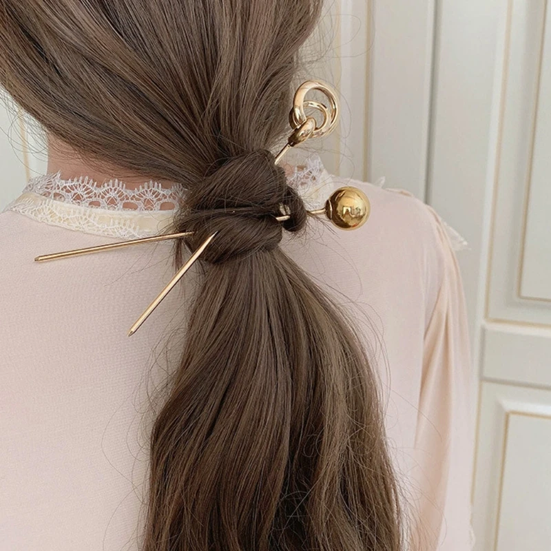 

Women Metal Hair Stick Chignon Pin Round Ball Hollow Gold Updo Chopstick Hairpin