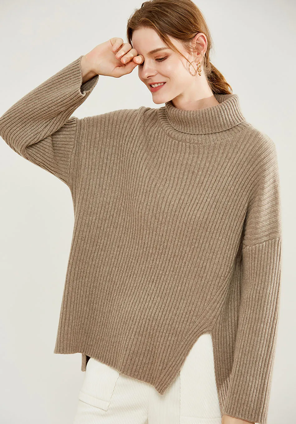 YJMY Inner Mongolian Cashmere Sweater Women Roll-neck Dropped Shoulder Side Slit Spring Autumn Stripe Knit in Slava Store