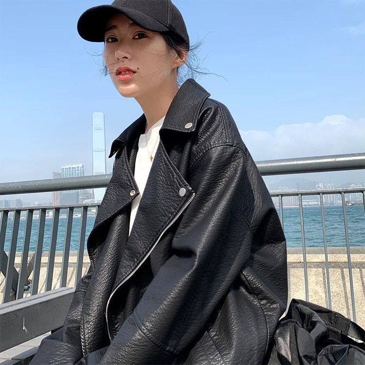 wind motorcycle leather coat female spring new leisure Black leather jacket fashion enlarge