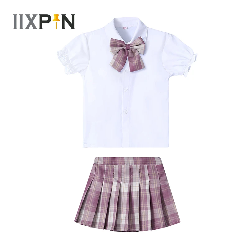 Купи Kids Girls Japanese Korean School Uniform Short Sleeve Bowknot Shirt Tops With Pleated Skirt Set Anime Cosplay Student Costumes за 899 рублей в магазине AliExpress