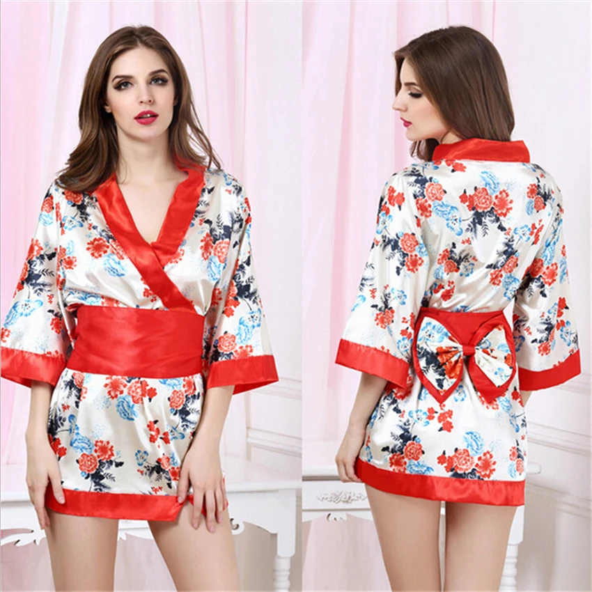 

Floral Print Girl Japanese Style Kimono Dress Women Yukata Gesia Costume Sexy Satin Pajamas Party Festival of Sakura Haori Belt