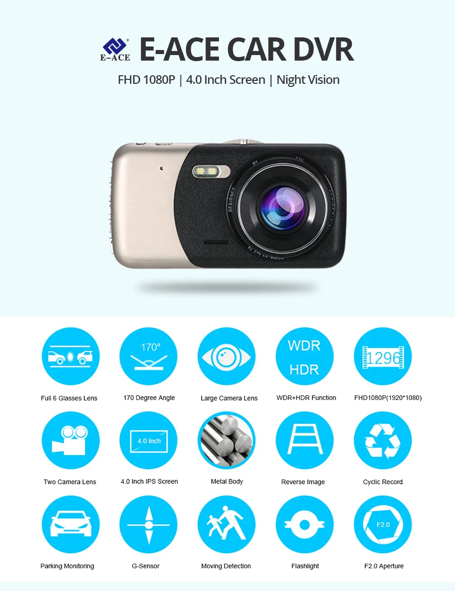 E-ACE B07 FHD 1080P Dashcam 4,0 дюймов ips Автомобильный видеорегистратор двойной объектив видео рекордер с камерой заднего вида ночного видения авто Регистратор