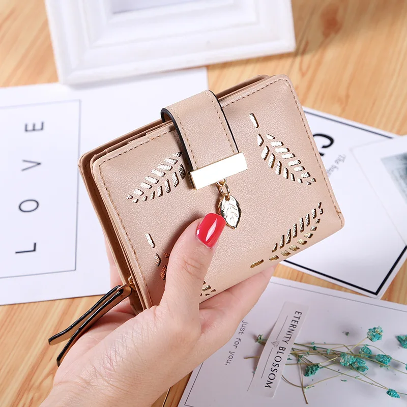 

2021 New Women's Wallet Short PU Ladies Zipper Buckle Wallet Hollow Leaf Decoration Fashion Small Wallet Multi-Card Holder