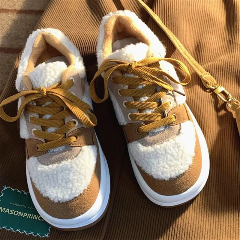 

Winter Casual Flats Shoes for Women Sneakers Low-top Solid Color Plush Thick Cotton Comfortable Non-slip Training Running Shoes