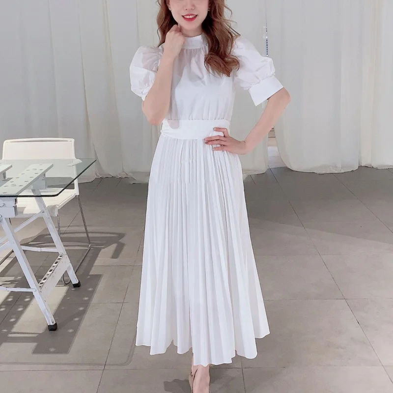 

Stand Collar Puff Sleeve Solid Woman Long Dress Elegant Lace Up Bow Slim Pleated Vestido Mujer 2021 Sweet Japan Style Femme Robe