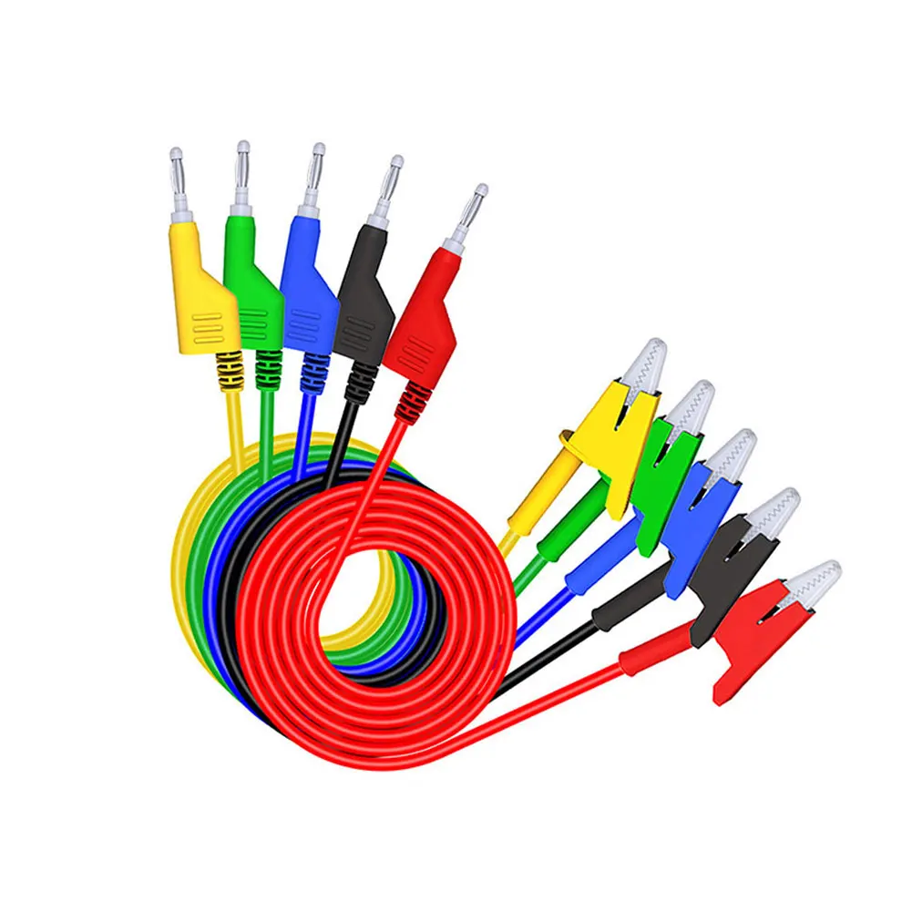 

P1037 1Set 5Pcs 1M 4mm Banana Plug to Alligator Clip Crocodile Test Probe Lead Wire Test Cable Multimeter Testing Kit Colorful