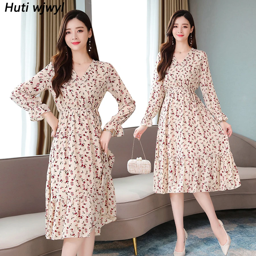 2019 женское винтажное милое платье миди с цветочным принтом Осень Зима Новое