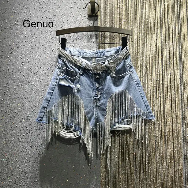 

Женские рваные джинсовые шорты, облегающие прямые штаны с завышенной талией и цепочкой, стразы с кисточками, лето 2020