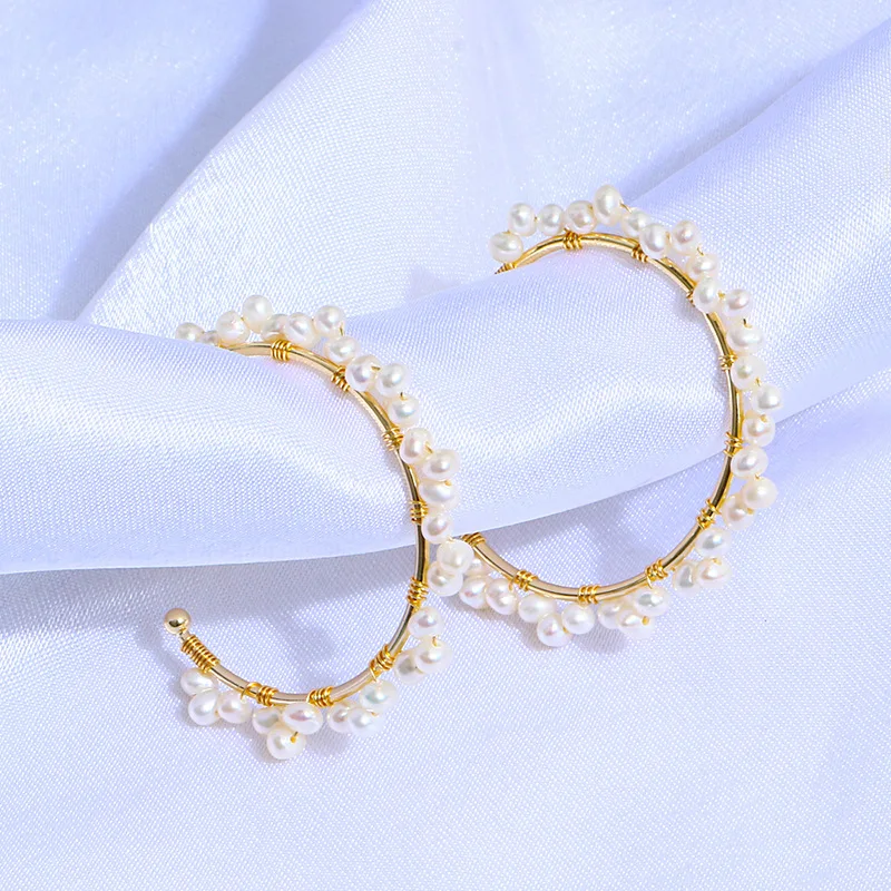 

FUN-BEAUTY Personality Handmade Earrings Freshwater Pearl Wrapped Earring Temperament All-match Semicircle C-shaped Earrings