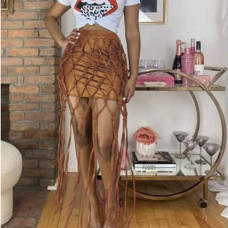 Faux Leather PU Tassel Criss Cross Skinny Skirt Women High Waist Sexy Cool Party Clothes Club Street Bodycon Short | Женская одежда