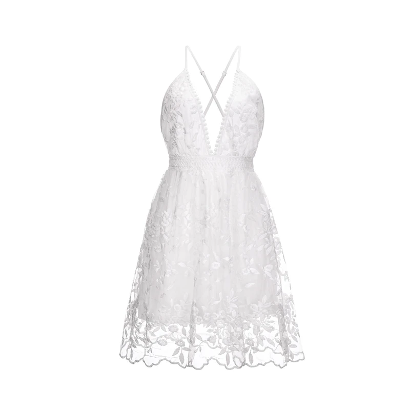

2020 New Women's Lace Sexy Beach White Boho Dress V-neck Open Back Dress Ladies Dresses Summer Clothes For Women