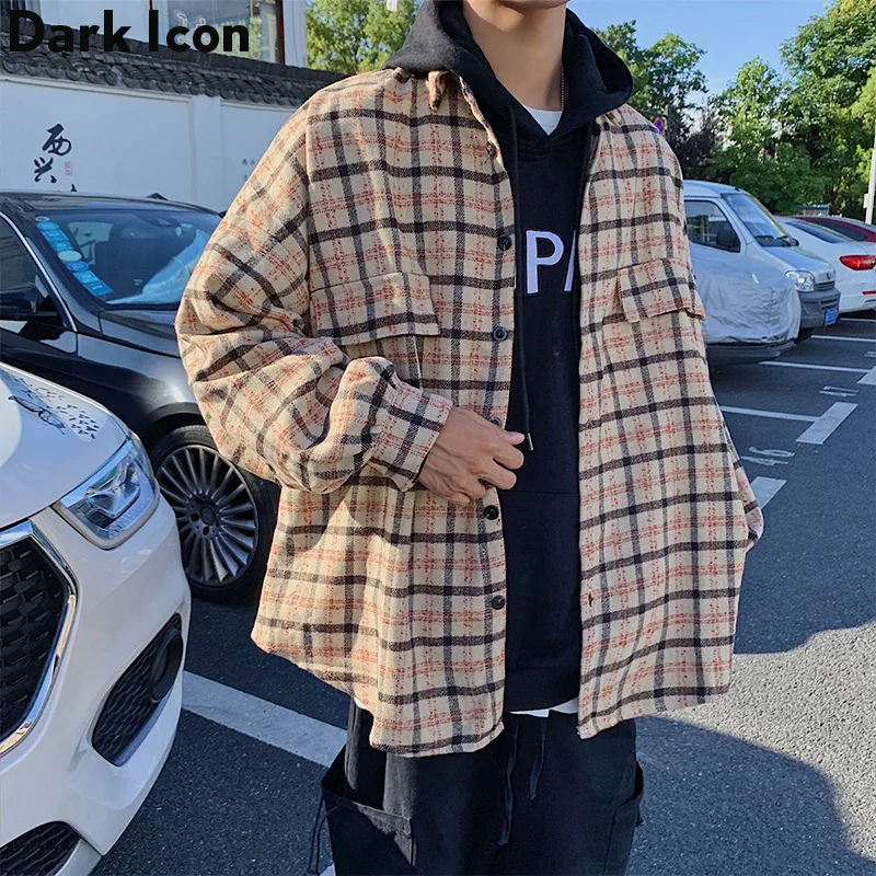 Темно-икона флисовые клетчатые уличные рубашки для мужчин рукав-фонарик новинка
