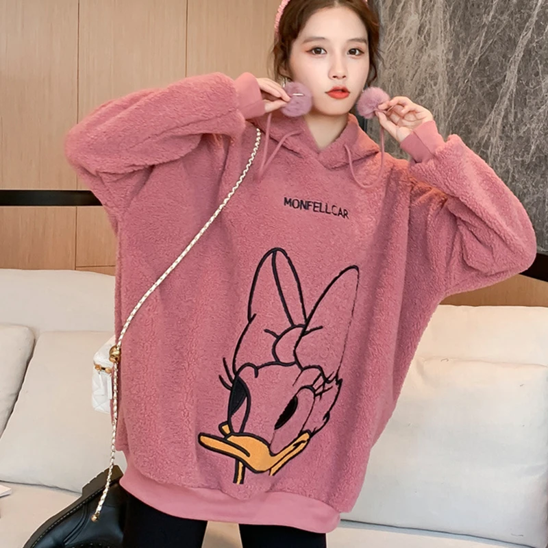 Зимние теплые толстовки с капюшоном Disney женская одежда вышивкой Дональд Дак и