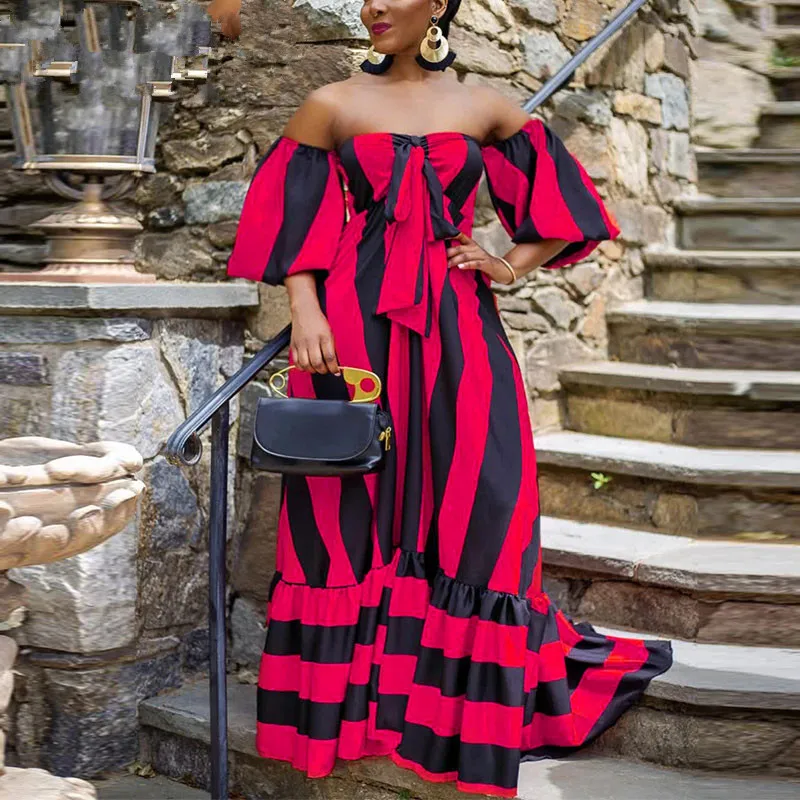 

Women Off Shoulder Striped Maxi Dress Elegant Regular Dress Classy Evening Party Long Dress For Woman
