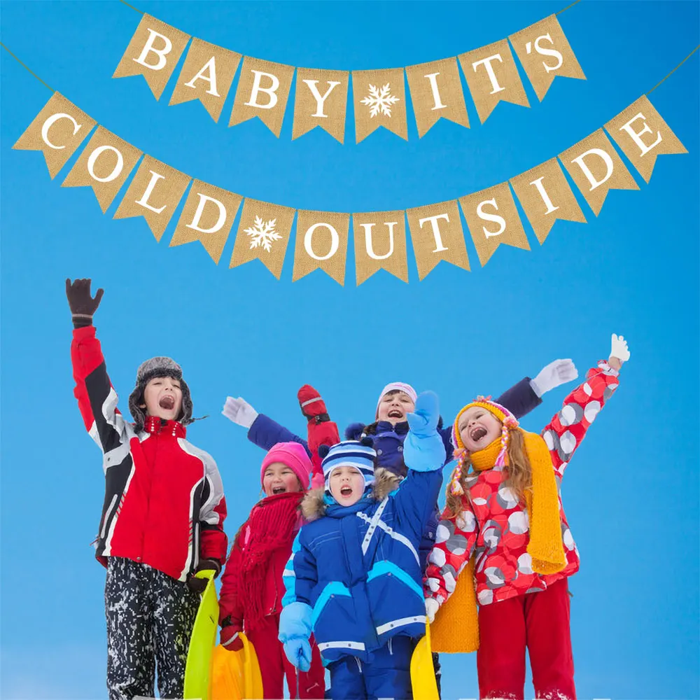 Jute Burlap Baby It's Cold Outside Banner Winter Shower Birthday Diaper Party Garland Mantel Fireplace Decoration |