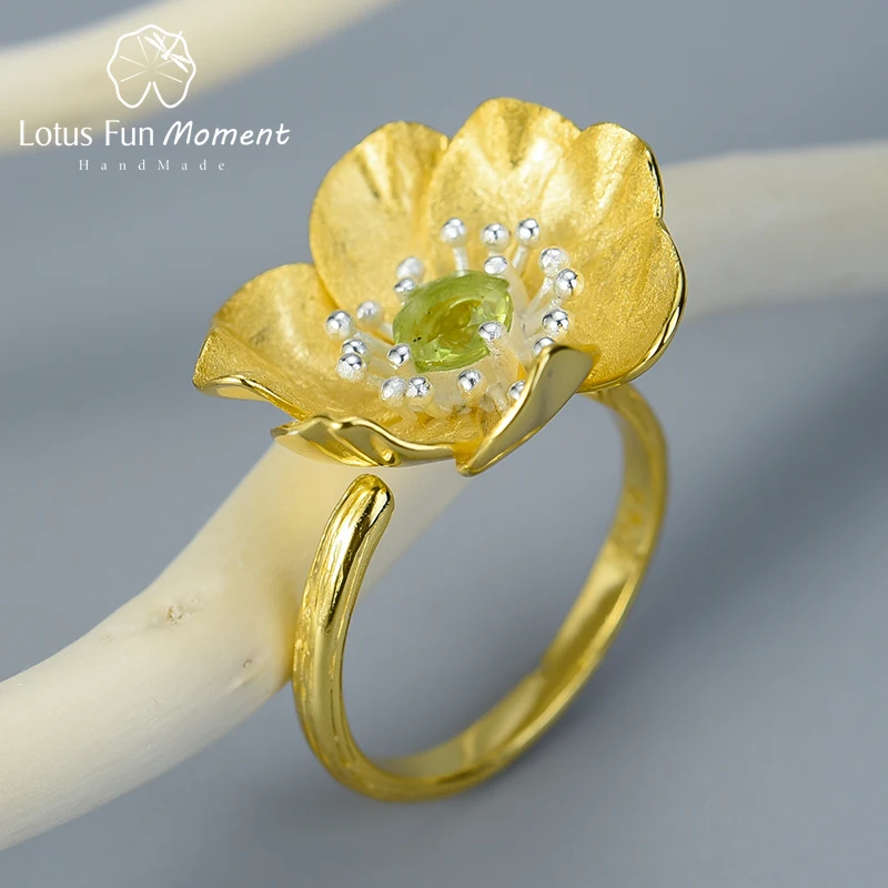 

Lotus Fun Moment Real 925 Sterling Silver Natural Stone Handmade Designer Fine Jewelry Blooming Anemone Flower Rings for Women
