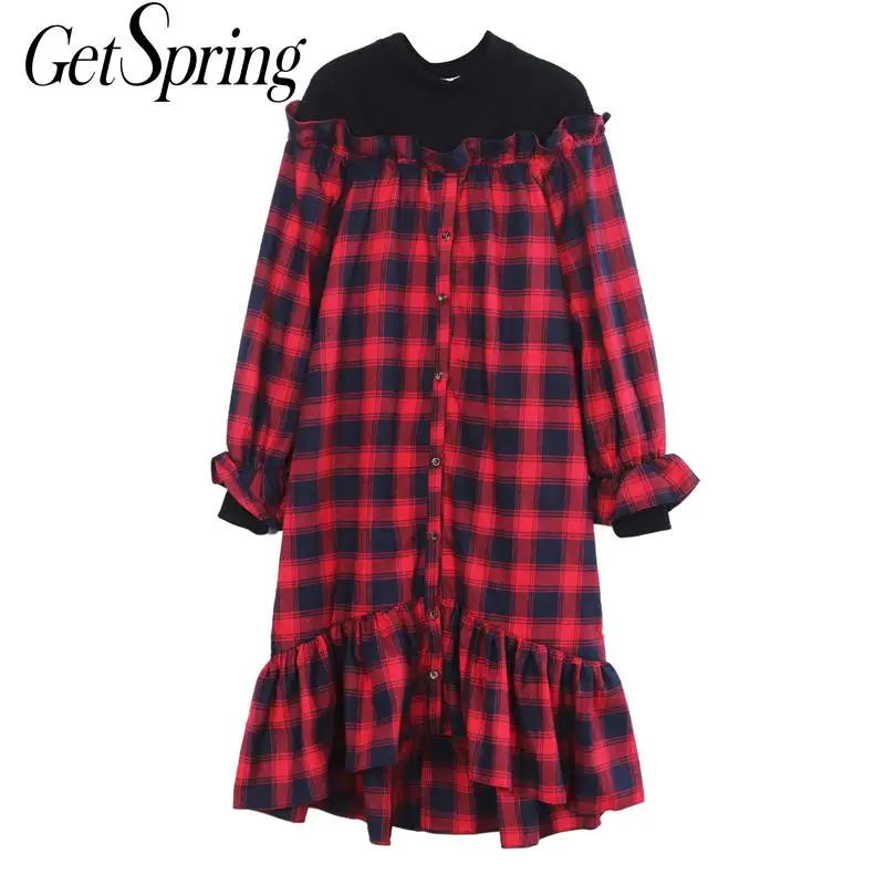 Женский свитер в клетку GETSPRING длинный с круглым вырезом и рукавами-фонариками