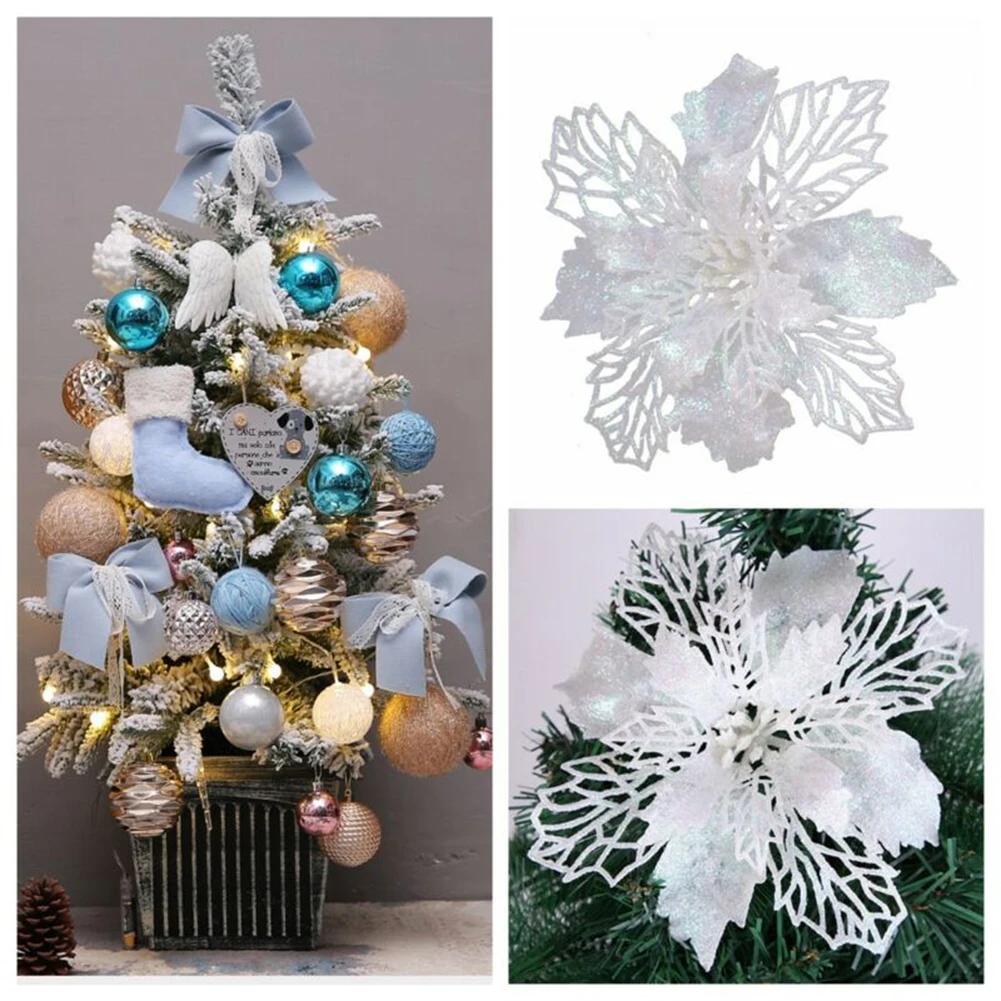 

Glitter Christmas tree decoration flowers Silver On Christmas Tree 16cm Set Of 6