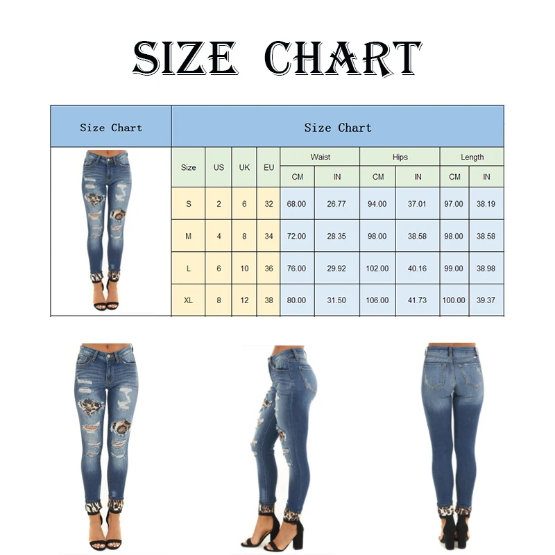 

Patchwork Jeans Women Denim Pants Ripped Jeans Leopard Print Ripped Mid Waist Slim Fit Plus Size Sexy Small Feet Womens Trousers