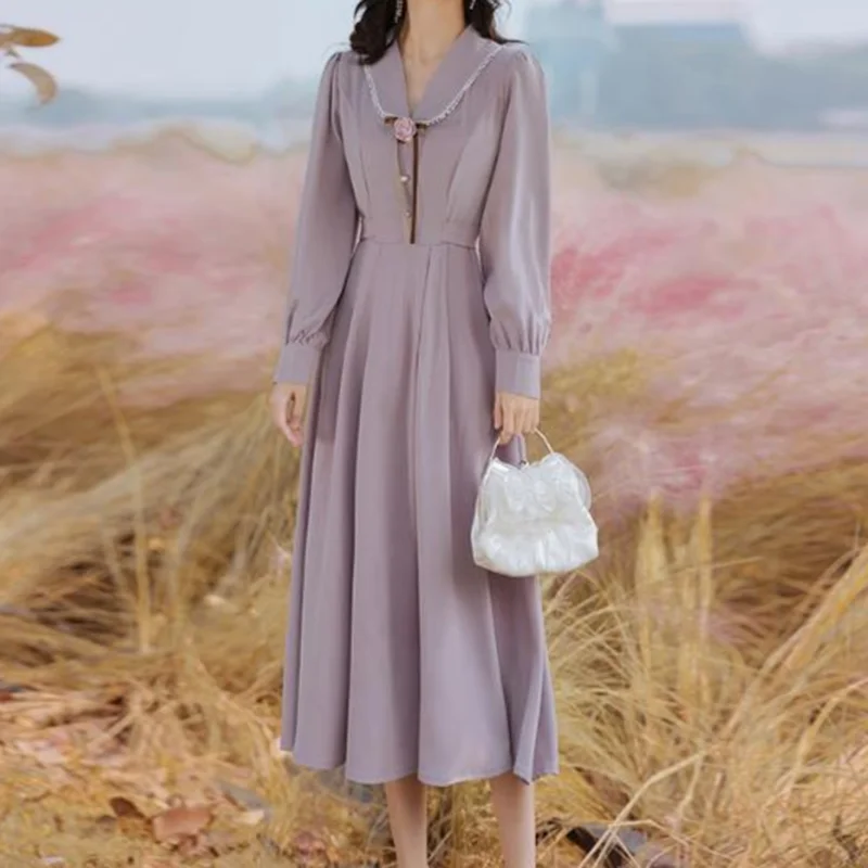 

Длинное французское винтажное платье Mori Girl, элегантное офисное женское платье, весна-осень милый девчачий