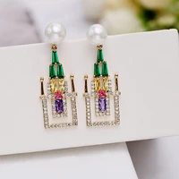 sweet statement pearl castle earrings for women design fashion wedding dangler romantic stud earrings with cz stone