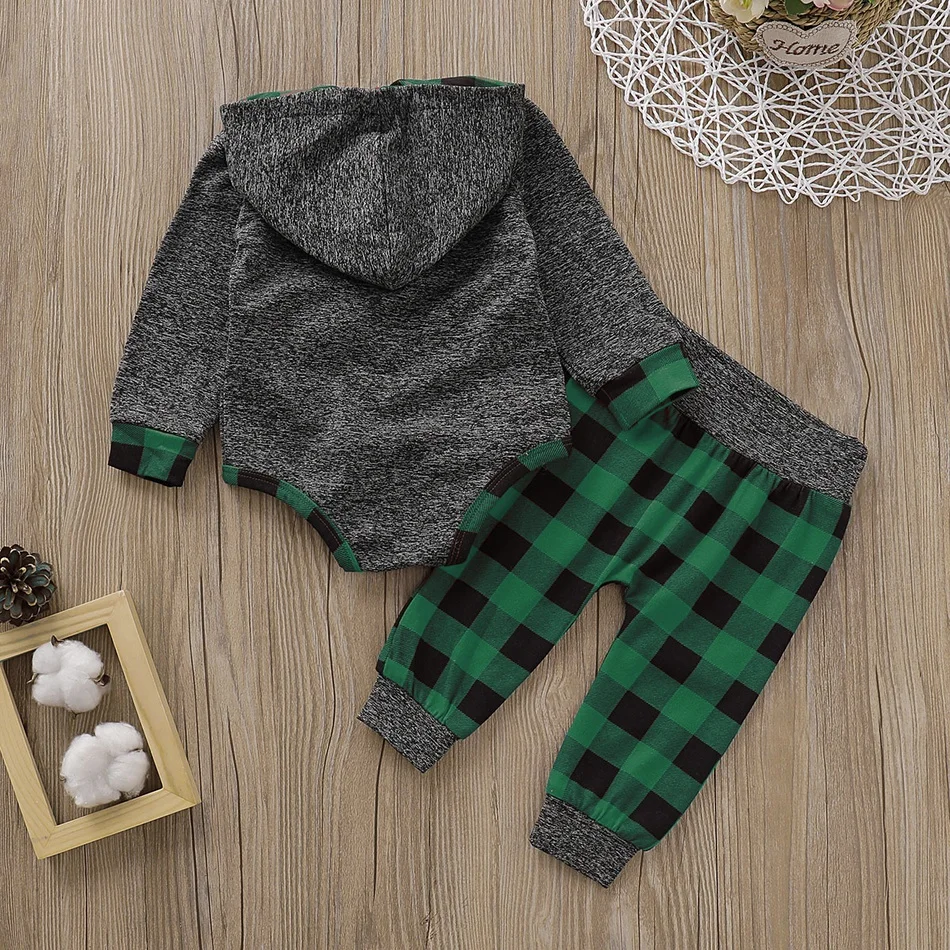 PatPat Baby Boy Trendy 2pcs Solid Long-sleeve Hooded Bodysuit and Plaid Print Pants Sets Baby Boy Clothes Set