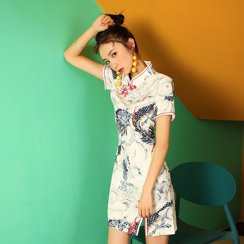 SWEETXUE китайское платье для женщин Cheongsam Современные вечерние платья с животным принтом Тонкий Сплит Пряжка китайский воротник Qipao платье