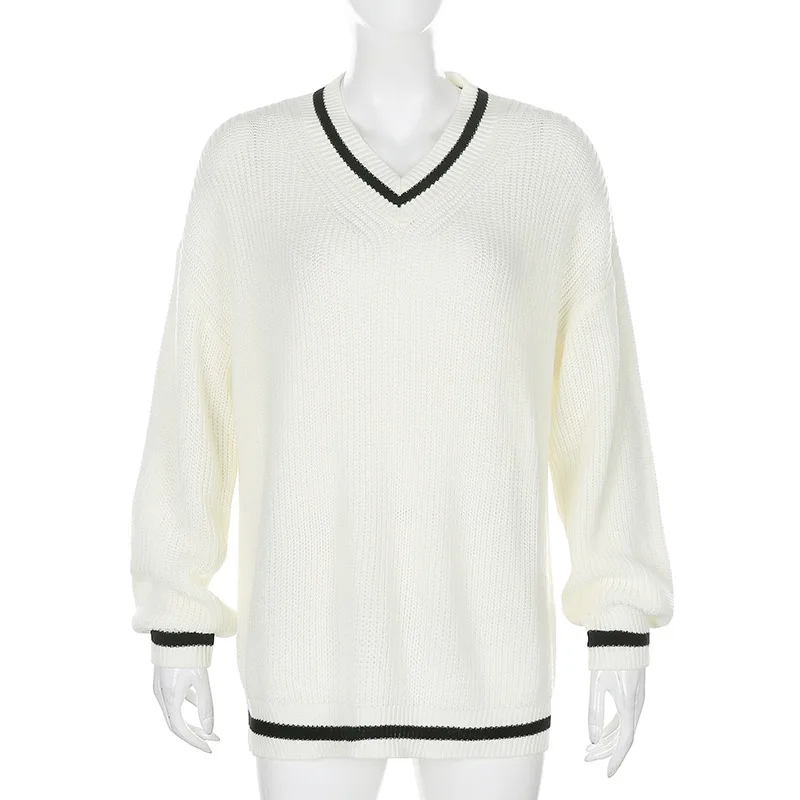 

Women Color Block Sweater, Autumn Adults Loose Long Sleeve V-neck Pullover Sweaters For Women 2020