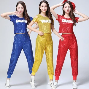 Female Stage Performance Dancing Clothes Short Sleeves Top And Long Pants Dance Costume Set Women Hip Hop Street Dacne Wear