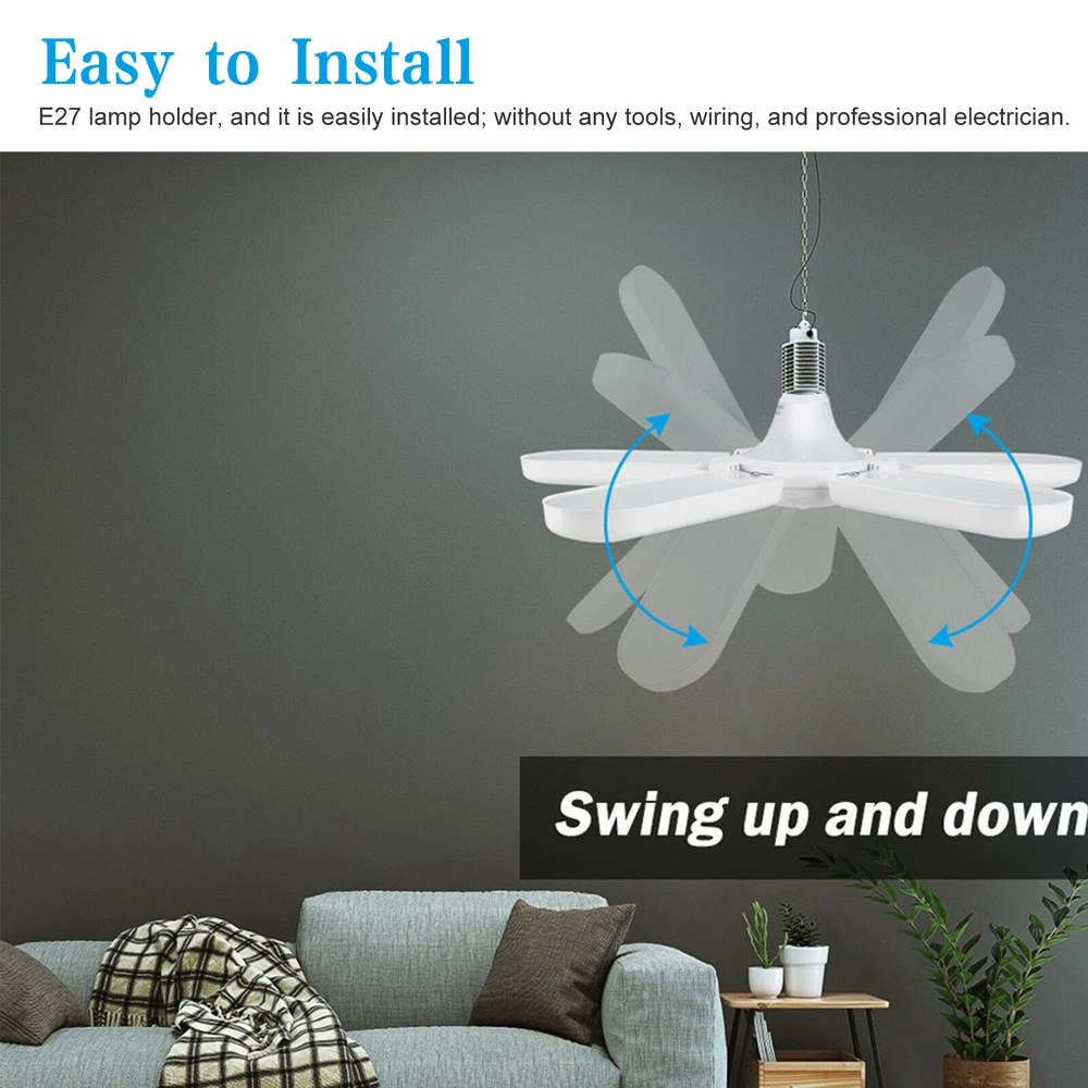 

Deformable 5-blade LED Garage Light Five-Leaf Folding Fan Blade Garage Pendant Lamp Bulb 360-Degree Adjustable Ceiling Light