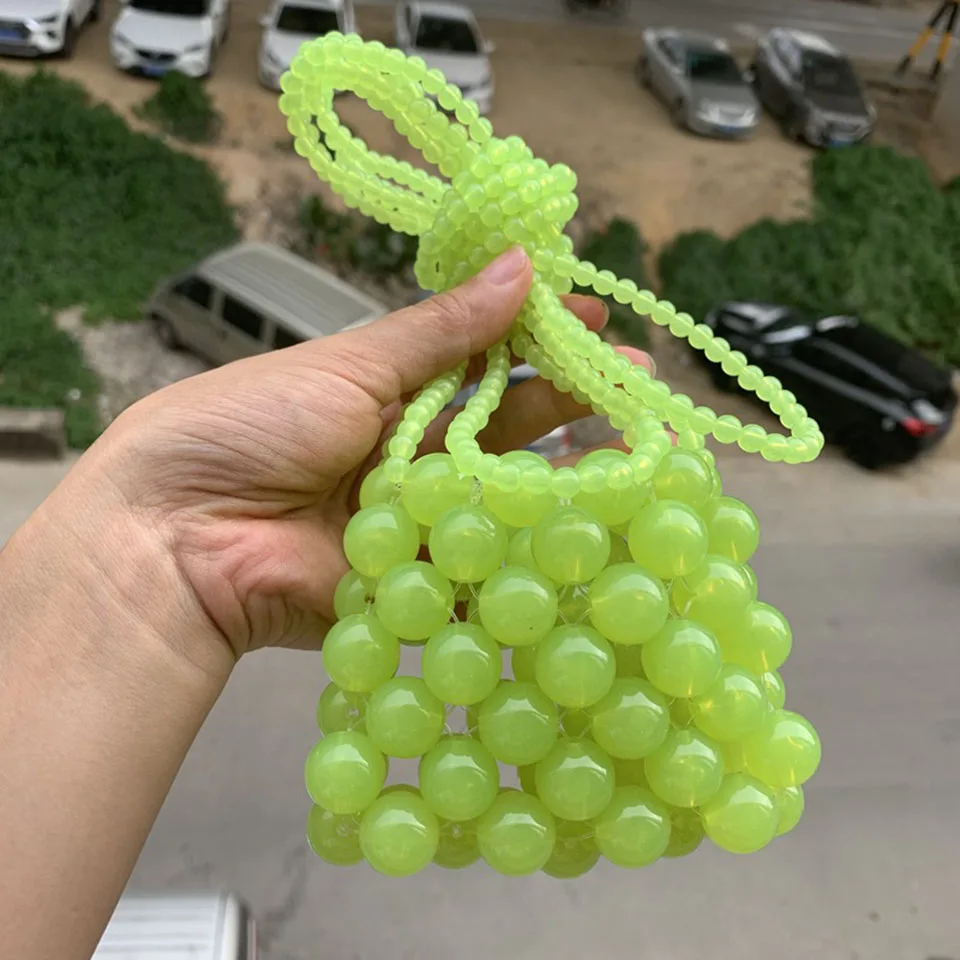

Women Beaded Shoulder Bag Neon Green clear color Hand-woven Pearl Bags Lady Mini Crossbody Bags Banquet Wedding Party Handbag