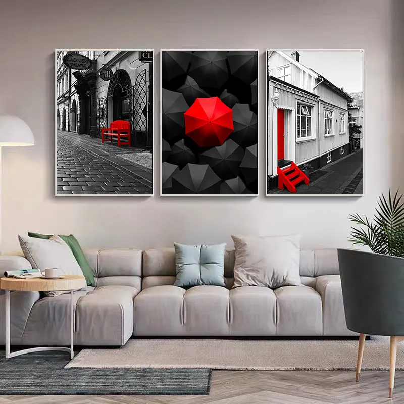 Современный городской холст картина в стиле ретро красный зонт-плакат принт