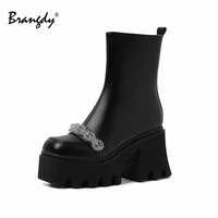 brangdy women mary jane shoes genuine leather bead women ankle boots lolita chunky platform winter shoes pearl zip square toe