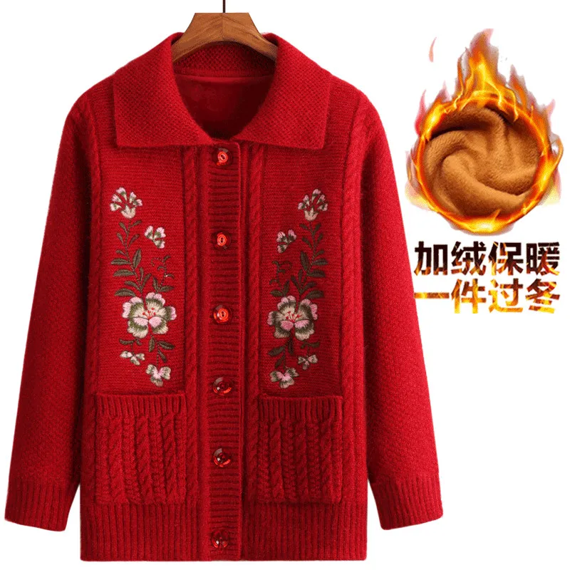 Elderly Women Knit Sweater Coats Large Size Winter Warm Plus Velvet Grandmother Loose Cardigans Casual Tops W1662 |