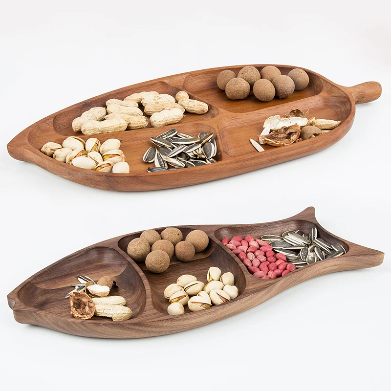 

Nordic Style Wood Home Use Storage Trays Creative Fish Leaf Shape Divided Snacks/Nuts Plates Eco Natural Desserts Plate