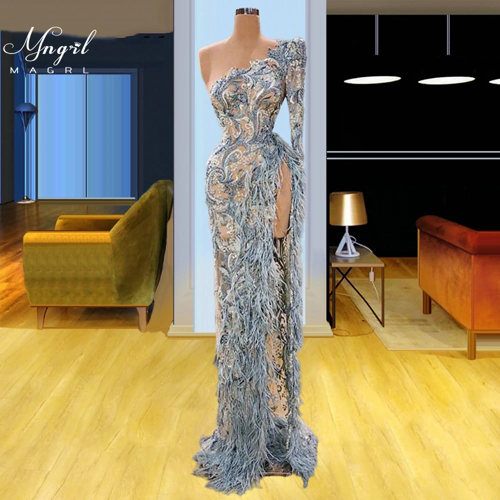 

MNGRL Luxury Evening Dress One-shoulder Long Sleeves Hand-applied Diamonds Glittering 2021 New Evening Dress Party Dress
