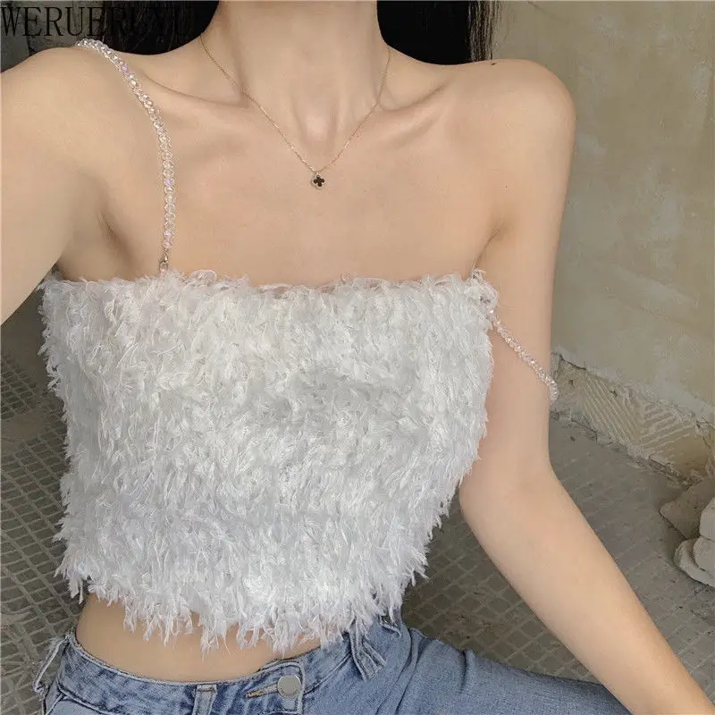 

WERUERUYU Summer Women Black Camis Slim Metal Chain Spaghetti Strap Tank Female Sexy Backless Sleeveless Vest Short To