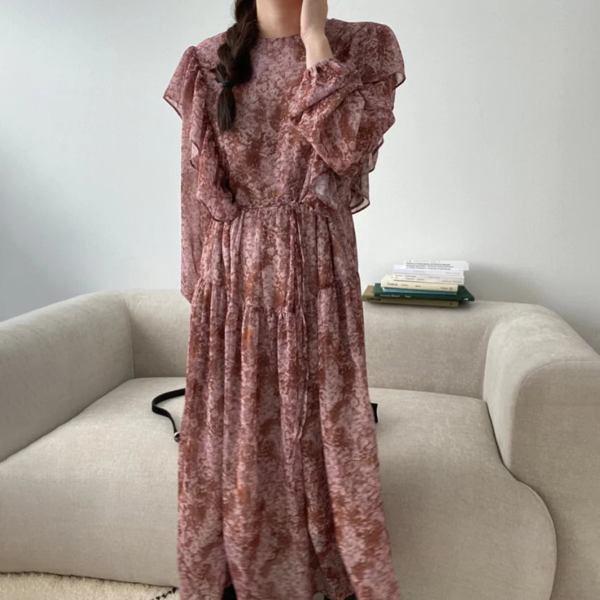 

SuperAen, Ретро стиль, круглый вырез, принт с чернилами, галстук, ремень, талия, прямое, повседневное, до щиколотки, женское платье