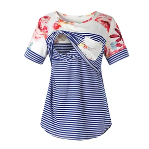 2023 New Women Maternity Casual T Shirt Breastfeeding Clothes Short Sleeve Nursing Top Casual Stripe Pregnant Tshirt Clothes