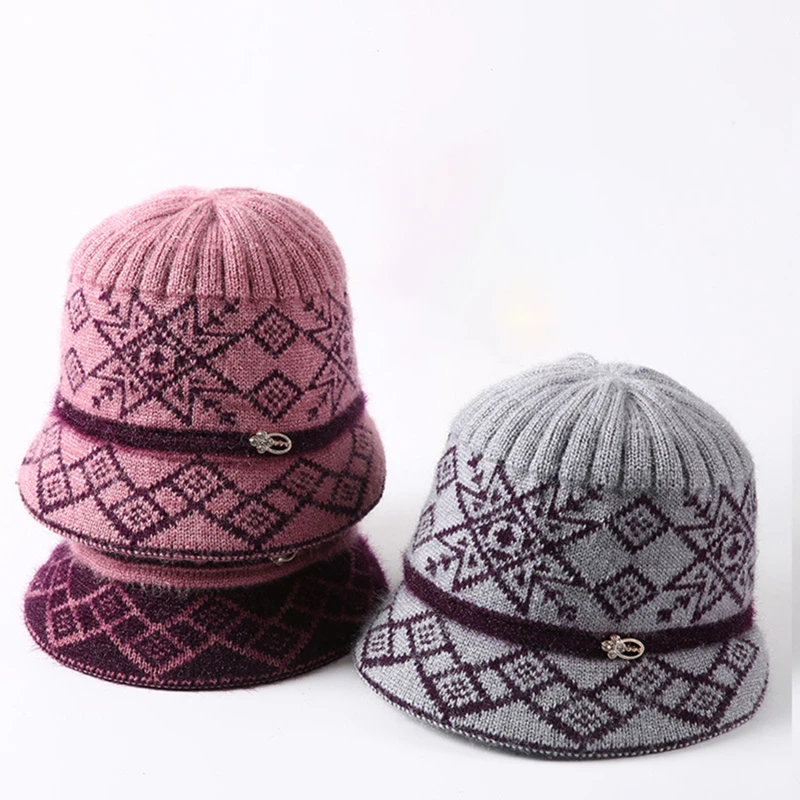 

2021 Wool Hats Autumn Winter middle-aged Elderly Prints Hat Knitted Grandma Wool Thickened Warm Mother Caps High Quality