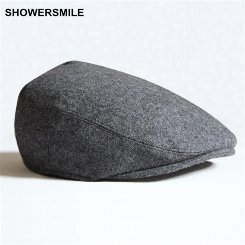 

SHOWERSMILE Brand Beret Men Winter Flat Cap Wool Gray Black Green Solid Casual Vintage Newsboy Hat And Caps British Style